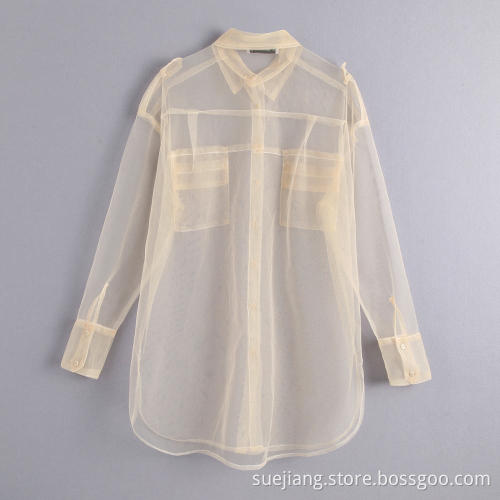 Long Sleeve White See Through Shirt Blouses Top